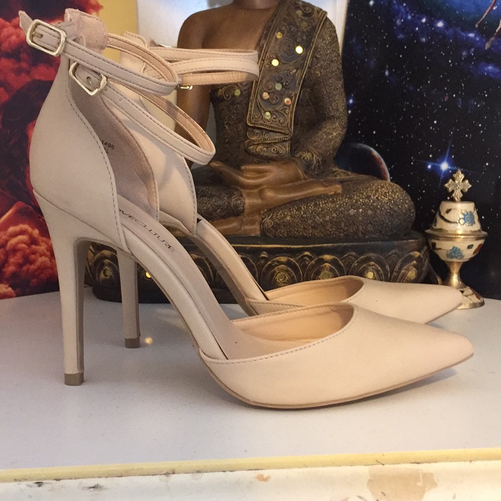 pretty double strapped nude pumps
